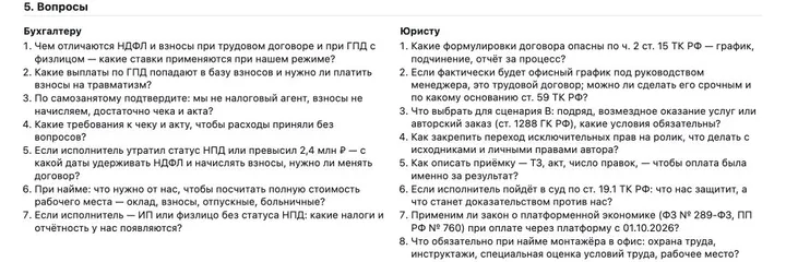 Фрагмент исходного документа агента: вопросы бухгалтеру и юристу.