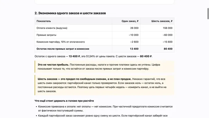 Готовый план и расчёт экономики партнёрского заказа