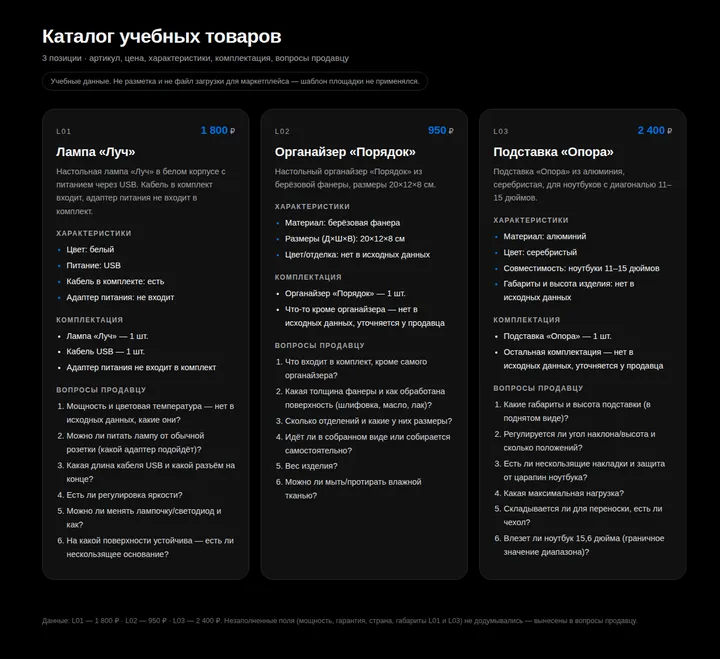 Три готовые карточки учебных товаров: характеристики, комплектация и вопросы