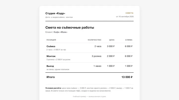 Первая смета, созданная программой агента.
