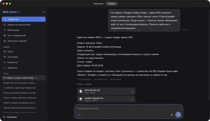 Новый чат: короткое поручение и карточка в сохранённом формате.